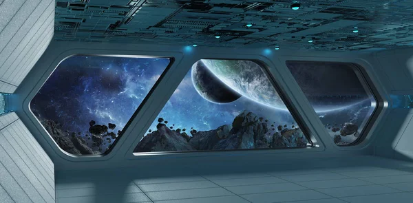 Statek kosmiczny futurystyczny szary niebieski wnętrza z widokiem na egzoplanety — Zdjęcie stockowe