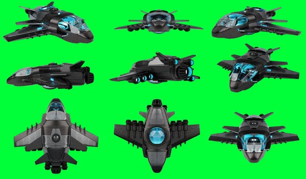 Futuristic spacecraft collection isolated on green background 3D — Stock Photo, Image