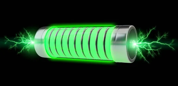 Зеленая батарея с молниями 3D рендеринг — стоковое фото