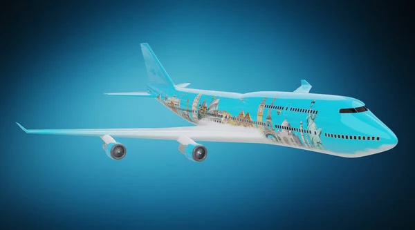 Samolot z słynnych atrakcji świata renderowania 3d — Zdjęcie stockowe