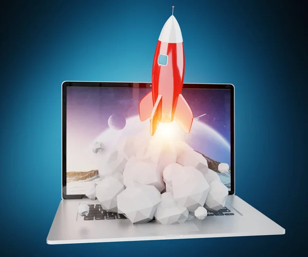 Raket startas från en laptop 3d rendering — Stockfoto