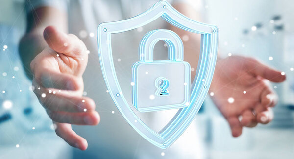 Бизнесмен, использующий современный антивирусный 3D рендеринг
