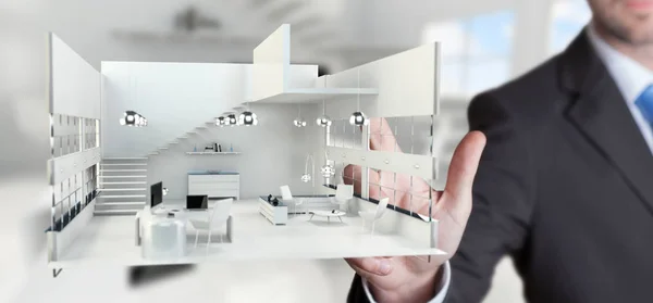 Zakenman raakt wit 3d rendering appartement met zijn finge — Stockfoto