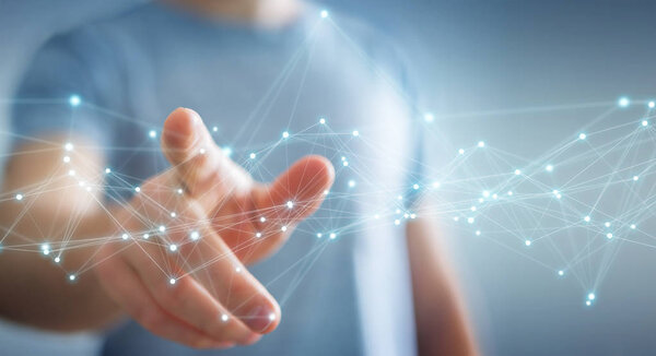 Businessman using flying network connection 3D rendering