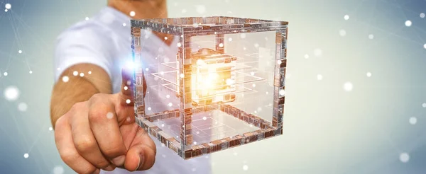 Homme d'affaires utilisant objet texturé cube futuriste rendu 3D — Photo