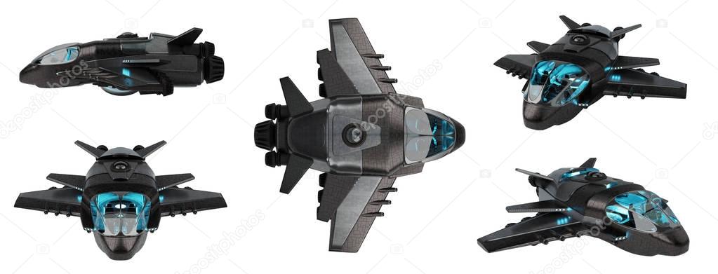 Futuristic spacecraft collection isolated on white background 3D