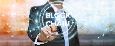 İşadamı blockchain cryptocurrency arabirimi 3d renderi kullanarak