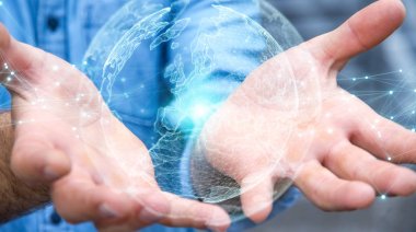 Planet earth ağ küre 3d işlemesini kullanan iş adamı