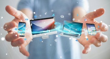 İşadamı teknik cihazlar ve simgeler uygulamaları 3d re bağlanılıyor