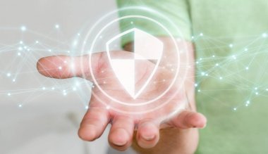 İşadamı kalkan güvenli koruma bağlantıları 3d ren ile kullanma