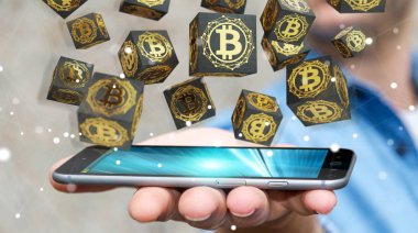 İşadamı bitcoins cryptocurrency 3d işleme kullanarak