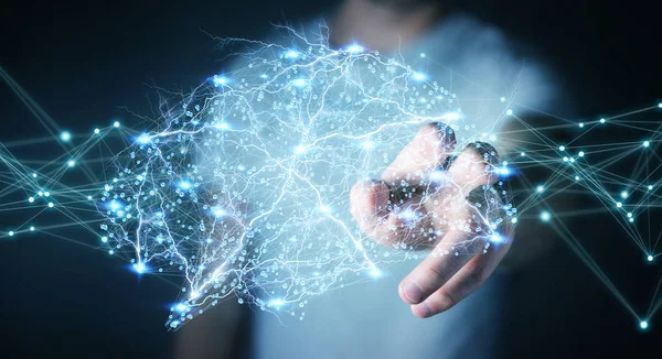 Affärsman med digital röntgen mänskliga hjärnan gränssnitt 3d vilke — Stockfoto