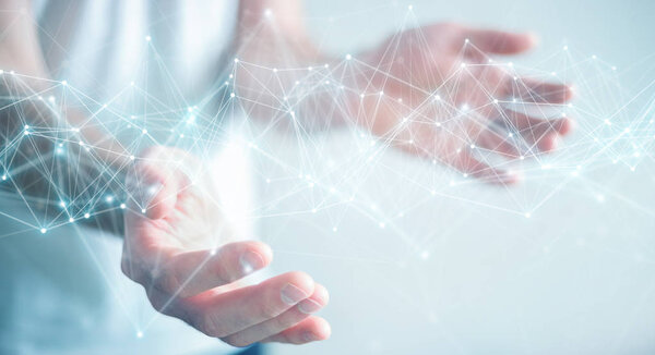 Бизнесмен с помощью трехмерного рендеринга подключения к сети
