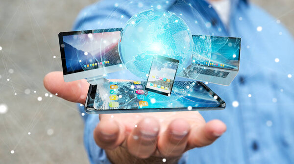 Бизнесмен, соединяющий технологические устройства и иконки 3D re
