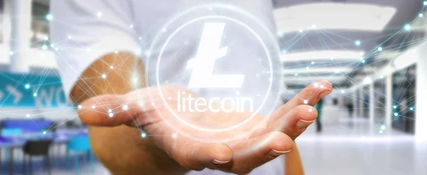 Empresario usando litecoins cryptocurrency 3D rendering — Foto de Stock