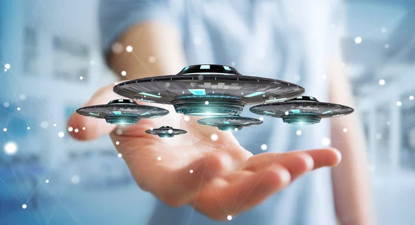 Uomo d'affari con astronave retrò UFO rendering 3D — Foto Stock