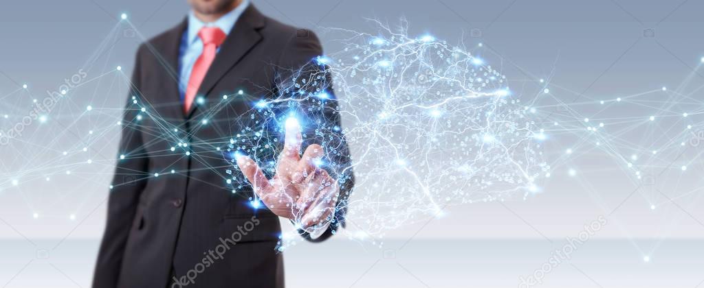 Businessman using digital x-ray human brain interface 3D renderi