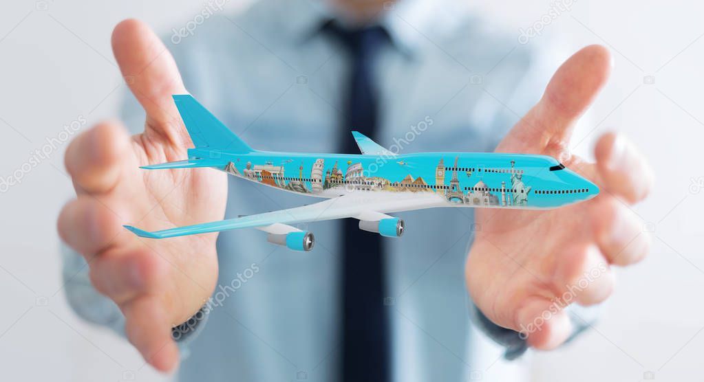 Businessman with plane and famous landmarks of the world 3D rend