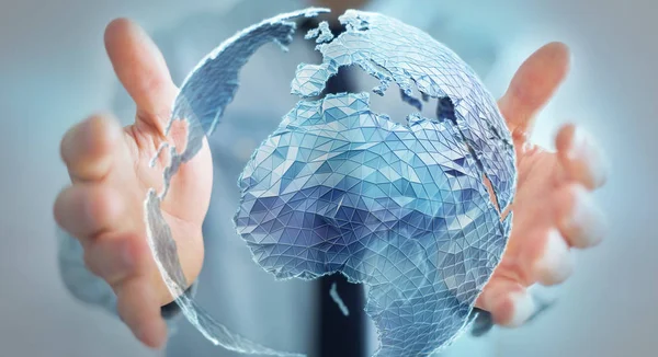 Geschäftsmann hält globales Netzwerk auf dem Planeten Erde 3D-Rendering — Stockfoto