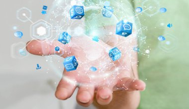 İşadamı 3d rende tarafından aktive uçan Dünya ağ arabirimi