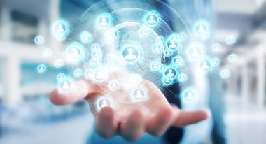 Sosyal ağ arabirimi 3d işlemesini kullanan iş adamı