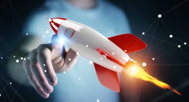Holding ve bir roket 3d render dokunmadan işadamı