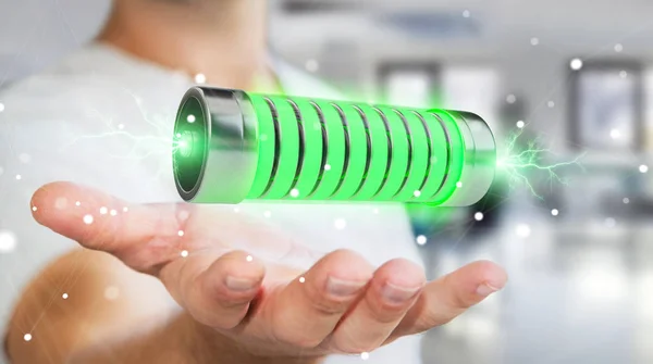 Empresário usando bateria verde com relâmpagos 3D renderização — Fotografia de Stock