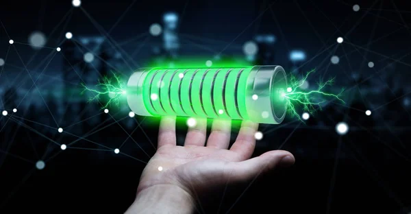 Empresario usando batería verde con renderizado 3D de relámpagos —  Fotos de Stock