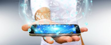 Hologram veriler dijital küre 3B oluşturmayı kullanarak iş adamı