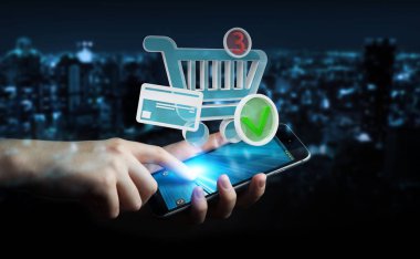 Dijital alışveriş simgeleri 3B oluşturmayı kullanarak iş adamı