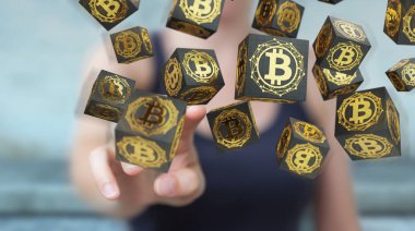 Bitcoins cryptocurrency 3d rendering kullanarak iş kadını