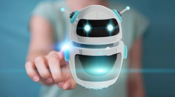 Empresária usando aplicativo digital chatbot robô 3D renderi — Fotografia de Stock