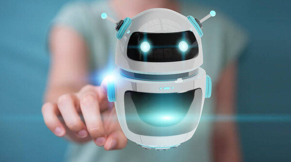 Деловая женщина с помощью цифрового робота Chatbot приложение 3D рендери
