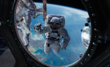 Astronot bir uzay istasyonu 3d işleme öğeleri inci üzerinde çalışma