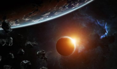 Uzak bir gezegende sistemi ile exoplanets 3d render elem alanda