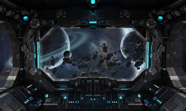 Spaceship grunge interior with view on exoplanet 