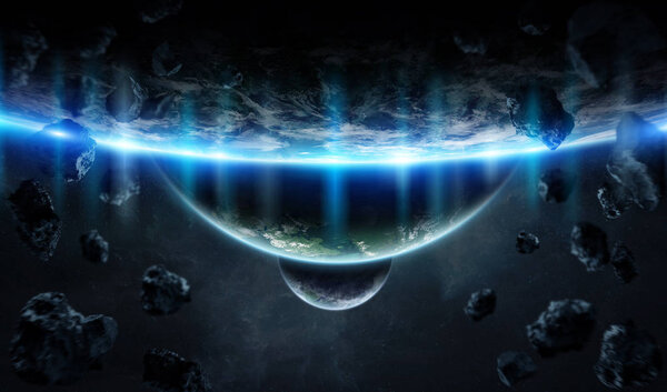 Distant planet system in space with exoplanets during sunrise 3D rendering elements of this image furnished by NASA