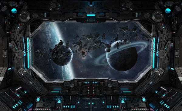 Nave espacial grunge interior com vista para o exoplaneta — Fotografia de Stock