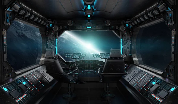 Nave espacial grunge interior con vista al planeta Tierra —  Fotos de Stock