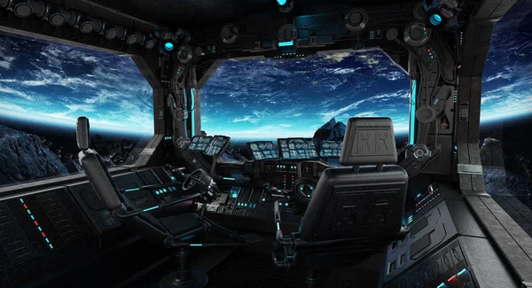 Navire spatial Grunge intérieur avec vue sur la planète Terre — Photo