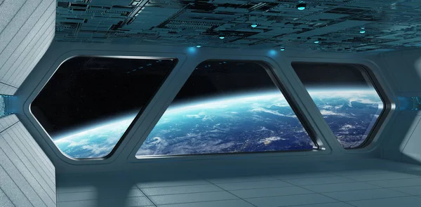 Nave espacial futurista gris azul interior con vista al planeta Eart —  Fotos de Stock