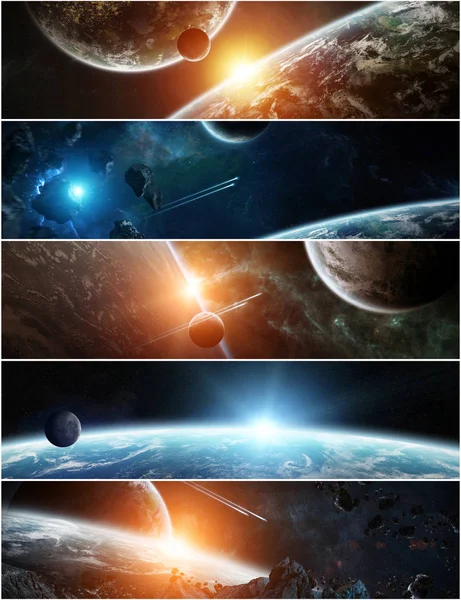 Panorama vzdálené planetě soustavy v prostoru 3d vykreslování prvků — Stock fotografie