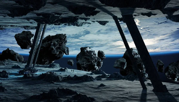 Astronauten verkennen een asteroïde ruimteschip 3d rendering elementen — Stockfoto