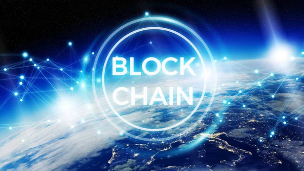 Blockchain auf dem Planeten Erde 3D-Rendering — Stockfoto