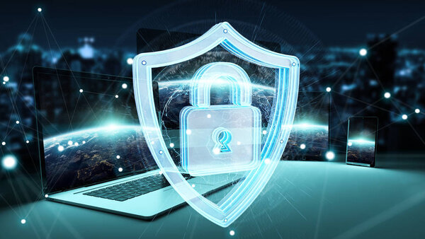 Antivirus interface over modern tech devices 3D rendering