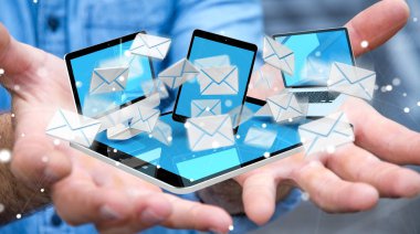 İşadamı onun dijital cihazlar 3d renderin üzerinde e-posta alma