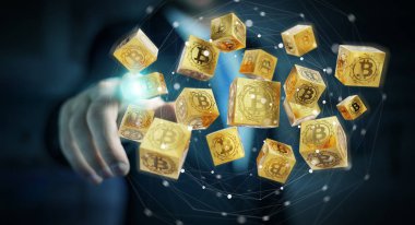 İşadamı bitcoins cryptocurrency 3d işleme kullanarak