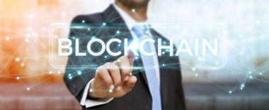 İşadamı blockchain cryptocurrency arabirimi 3d renderi kullanarak