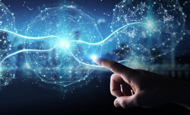 Dijital ağ bağlantısı küre 3B oluşturmayı kullanarak iş adamı