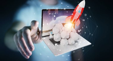 Bir laptop 3d render roket başlatılması ile iş adamı